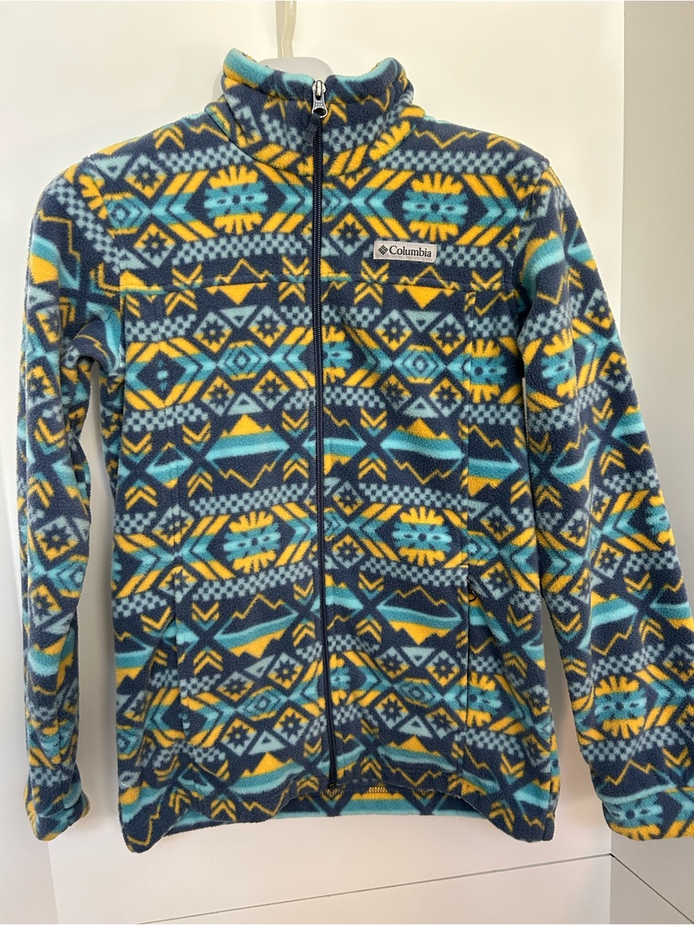 Columbia Kids' Blue, Yellow & Teal Patterned Puffer-Style Fleece Jacket Q44